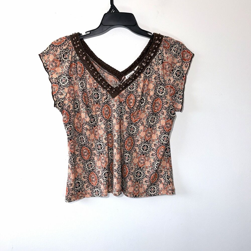 CATO Women’s Y2K Too Embroidered Crochet V-neck Cap Sleeve Stretch Boho XL